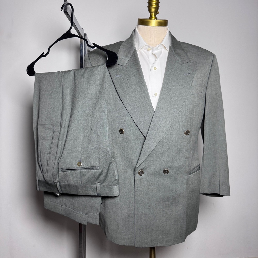 Hugo Boss Suit Mens 39S 33W Gray Green Solid Double Breasted Vintage Wool USA